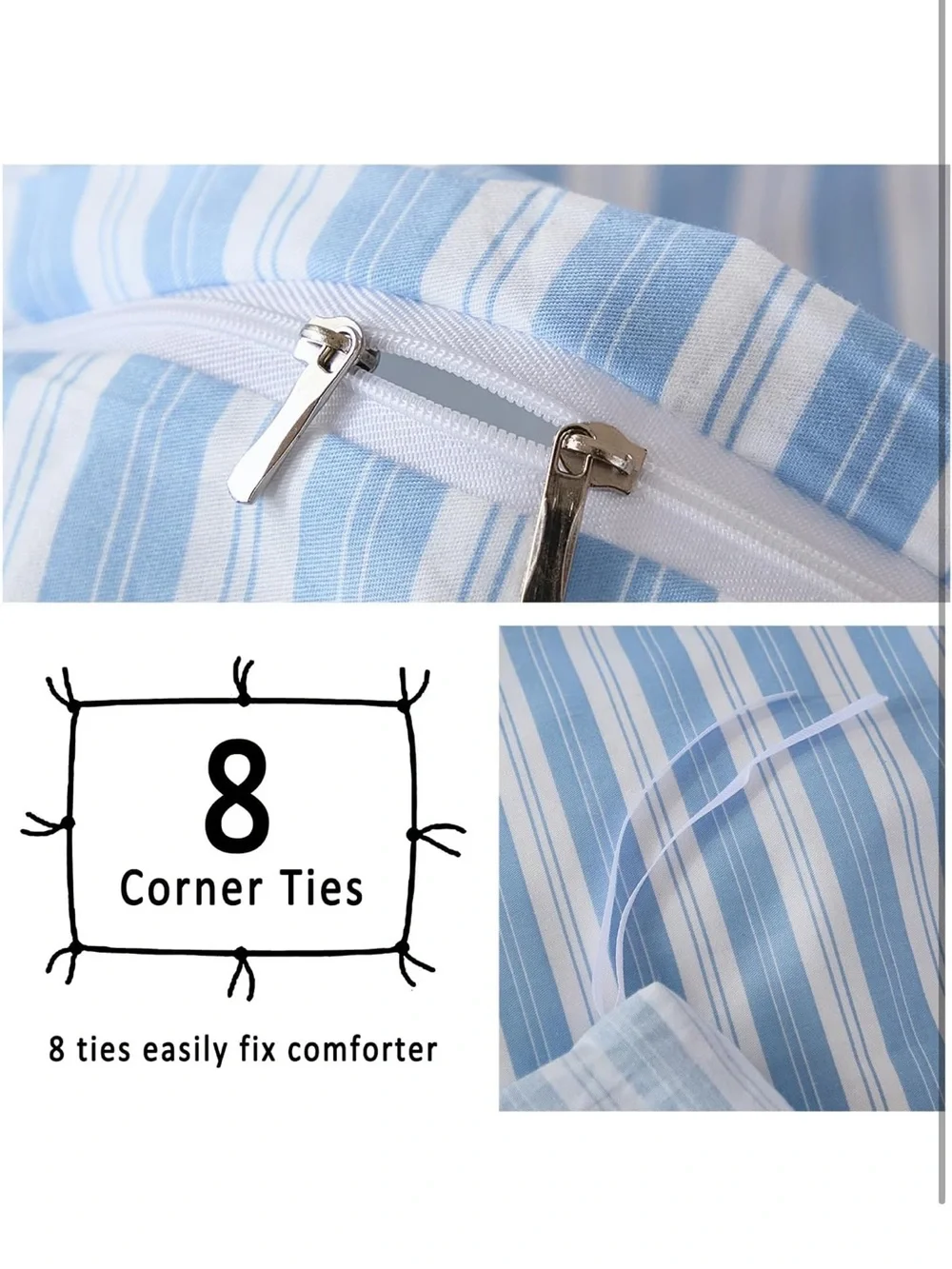 NEW Merryword 100% Cotton Blue/White Striped Duvet Cover Set Queen. Ruffle Trim